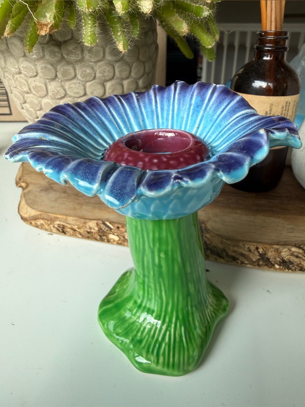 Vintage Italian Majolica Flower Candlestick Holder Hand-Painted in Made in Italy
